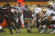BLACKSBURG - OCTOBER 25:  The line of scrimmage during the game of the Virginia Tech Hokies against the Boston College Eagles at Lane Stadium on October 25, 2007 in Blacksburg, Virginia. (Photo by Kevin C. Cox/Getty Images)