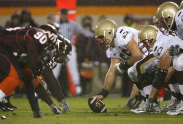 BLACKSBURG - OCTOBER 25:  The line of scrimmage during the game of the Virginia Tech Hokies against the Boston College Eagles at Lane Stadium on October 25, 2007 in Blacksburg, Virginia. (Photo by Kevin C. Cox/Getty Images)