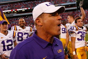 ATHENS, GA - OCTOBER 03: Head coach Les Miles of the Louisiana State University Tigers celebrates after defeating the Georgia Bulldogs at Sanford Stadium on October 3, 2009 in Athens, Georgia. (Photo by Kevin C. Cox/Getty Images)