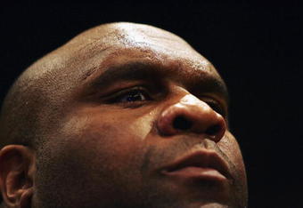 LONDON - FEBRUARY 10: Robert Malcolm Sapp also known as Bob The Beast Sapp eyes off a potential challenger during the Cage Rage Championship 20 Born to fight event at Wembley Arena on February 10, 2007 in London, England. Cage Fighting also known as MMA, Mixed Martial Arts is a mixed fighting style combat sport with a steadily growing international fan base. MMA is an evolving combat sport where competitors combine different disciplines that include jiu-jitsu, judo, karate, boxing, kickboxing, wrestling and others to their strategic and tactical advantage in a competetive arena.  (Photo by Daniel Berehulak/Getty Images)