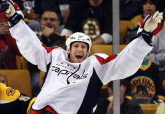 BOSTON - OCTOBER 01:  Brooks Laich #21 of the Washington Capitals celebrates his goal in the third period against the Boston Bruins on October 1, 2009 at the TD Banknorth Garden in Boston, Massachusetts. The Capitals defeated the Bruins 4-1.  (Photo by Elsa/Getty Images)
