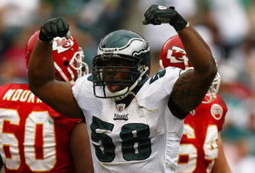 PHILADELPHIA - SEPTEMBER 27:  Trent Cole #58 of the Philadelphia Eagles celebrates against the Kansas City Chiefs on September 27, 2009 at Lincoln Financial Field in Philadelphia, Pennsylvania.  (Photo by Chris McGrath/Getty Images)