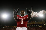 HOUSTON - SEPTEMBER 26: Wide receiver A.J. Dugat #1 of the Houston Cougars celebrates a 29 to 28 win over of the Texas Tech Red Raiders at Robertson Stadium on September 26, 2009 in Houston, Texas. (Photo by Thomas B. Shea/Getty Images)