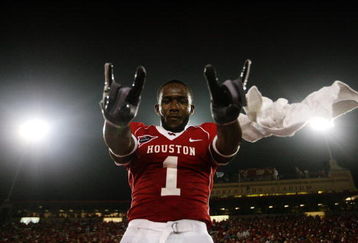 HOUSTON - SEPTEMBER 26: Wide receiver A.J. Dugat #1 of the Houston Cougars celebrates a 29 to 28 win over of the Texas Tech Red Raiders at Robertson Stadium on September 26, 2009 in Houston, Texas.  (Photo by Thomas B. Shea/Getty Images)