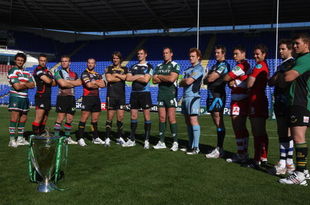 READING, ENGLAND - SEPTEMBER 29:  Players of British teams that will take part in the Heineken Cup (L-R) Harry Ellis (Leicester Tigers) Mike Blair, (Edinburgh), Will Skinner (Harlequins), Tom Willis (Newport Gwent Dragons), Ryan Jones (Ospreys), Alastair Kellock (Glasgow Warriors), Bob Casey (London Irish), Paul Tito (Cardiff Blues), Dean Schfield (Sale Sharks), Gareth Delve (Gloucester), Mark Jones, (Scarlets), Butch James (Bath) and Dylan Hartley (Northampton Saints) pose during the Heineken Cup UK Launch at the Madejski Stadium on September 29, 2009 in Reading, England.  (Photo by David Rogers/Getty Images)