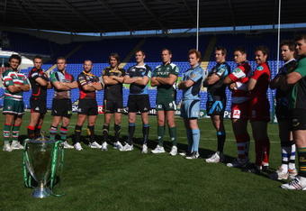 READING, ENGLAND - SEPTEMBER 29:  Players of British teams that will take part in the Heineken Cup (L-R) Harry Ellis (Leicester Tigers) Mike Blair, (Edinburgh), Will Skinner (Harlequins), Tom Willis (Newport Gwent Dragons), Ryan Jones (Ospreys), Alastair Kellock (Glasgow Warriors), Bob Casey (London Irish), Paul Tito (Cardiff Blues), Dean Schfield (Sale Sharks), Gareth Delve (Gloucester), Mark Jones, (Scarlets), Butch James (Bath) and Dylan Hartley (Northampton Saints) pose during the Heineken Cup UK Launch at the Madejski Stadium on September 29, 2009 in Reading, England.  (Photo by David Rogers/Getty Images)