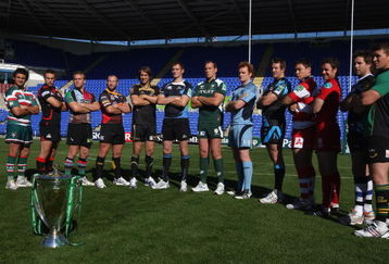 READING, ENGLAND - SEPTEMBER 29:  Players of British teams that will take part in the Heineken Cup (L-R) Harry Ellis (Leicester Tigers) Mike Blair, (Edinburgh), Will Skinner (Harlequins), Tom Willis (Newport Gwent Dragons), Ryan Jones (Ospreys), Alastair Kellock (Glasgow Warriors), Bob Casey (London Irish), Paul Tito (Cardiff Blues), Dean Schfield (Sale Sharks), Gareth Delve (Gloucester), Mark Jones, (Scarlets), Butch James (Bath) and Dylan Hartley (Northampton Saints) pose during the Heineken Cup UK Launch at the Madejski Stadium on September 29, 2009 in Reading, England.  (Photo by David Rogers/Getty Images)