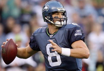 SEATTLE - AUGUST 22:  Matt Hasselbeck #8 of the Seattle Seahawks looks to pass the ball during the game against the Denver Broncos on August 22, 2009 at Qwest Field in Seattle, Washington. (Photo by Otto Greule Jr/Getty Images)  
