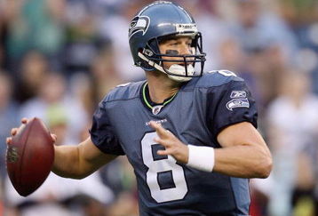 SEATTLE - AUGUST 22:  Matt Hasselbeck #8 of the Seattle Seahawks looks to pass the ball during the game against the Denver Broncos on August 22, 2009 at Qwest Field in Seattle, Washington. (Photo by Otto Greule Jr/Getty Images)  