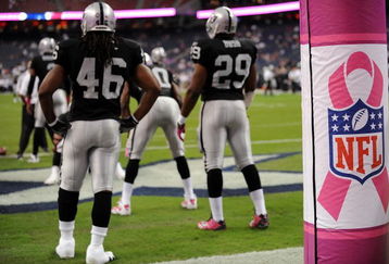 HOUSTON - OCTOBER 04:  A pink ribbon with the NFL logo is displayed on the goal post as the Oakland Raiders prepare for a game with the Houston Texans at Reliant Stadium on October 4, 2009 in Houston, Texas. Many players and officials in the NFL wore pink as part of breast cancer awareness month.  (Photo by Ronald Martinez/Getty Images)