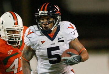 CORAL GABLES, FL - NOVEMBER 10:  Running back Mikell Simpson #5 of the Virginia Cavaliers breaks away from defensive lineman Vegas Franklin #47 of the Miami Hurricanes at the Orange Bowl November 10, 2007 in Coral Gables, Florida.  (Photo by Doug Benc/Getty Images)