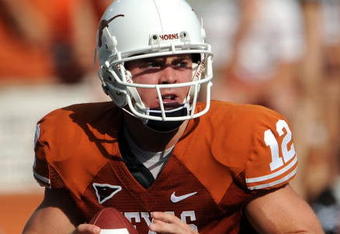 AUSTIN, TX - SEPTEMBER 26:  Quarterback Colt McCoy #12 of the Texas Longhorns at Darrell K Royal-Texas Memorial Stadium on September 26, 2009 in Austin, Texas.  (Photo by Ronald Martinez/Getty Images)