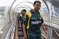 JOHANNESBURG, SOUTH AFRICA - OCTOBER 03:  Younis Khan of Pakistan leads his team on to the field for the national anthems ahead of the ICC Champions Trophy 2nd Semi Final match between New Zealand and Pakistan played at Wanderers Stadium on October 3, 2009 in Johannesburg, South Africa.  (Photo by Hamish Blair/Getty Images)