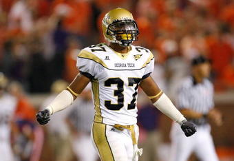ATLANTA - SEPTEMBER 10:  Jerrard Tarrant #37 of the Georgia Tech Yellow Jackets celebrates after breaking up a reception in the final minutes of the game against the Clemson Tigers at Bobby Dodd Stadium on September 10, 2009 in Atlanta, Georgia.  (Photo by Kevin C. Cox/Getty Images)
