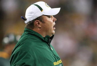 GREEN BAY, WI - SEPTEMBER 13: Head coach Mike McCarthy of the Green Bay Packers complains to a referee during a game against the Chicago Bears on September 13, 2009 at Lambeau Field in Green Bay, Wisconsin. The Packers defeated the Bears 21-15. (Photo by Jonathan Daniel/Getty Images)