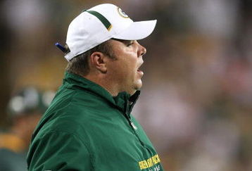 GREEN BAY, WI - SEPTEMBER 13: Head coach Mike McCarthy of the Green Bay Packers complains to a referee during a game against the Chicago Bears on September 13, 2009 at Lambeau Field in Green Bay, Wisconsin. The Packers defeated the Bears 21-15. (Photo by Jonathan Daniel/Getty Images)