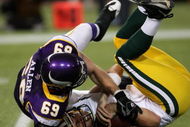MINNEAPOLIS - NOVEMBER 09: Defensive end Jared Allen #69 of the Minnesota Vikings sacks quarterback Aaron Rodgers #12 of the Green Bay Packers on November 9, 2008 at the Metrodome in Mineapolis, Minnesota. (Photo by Stephen Dunn/Getty Images)