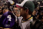 MINNEAPOLIS - OCTOBER 05:  Quarterback Brett Favre #4 of the Minnesota Vikings hugs Aaron Rodgers #12 of the Green Bay Packers following the Vikings victory over the Packers on October 5, 2009 at Hubert H. Humphrey Metrodome in Minneapolis, Minnesota.  (Photo by Jamie Squire/Getty Images)