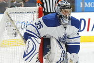 TORONTO, ON - OCTOBER 1: Vesa Toskala #35 of the Toronto Maple Leafs watches for a shot in a game against the Montreal Canadiens on October 1, 2009 at the Air Canada Centre in Toronto, Ontario. The Canadiens dfeated the Leafs 4-3 in overtime. (Photo by Claus Andersen/Getty Images)
