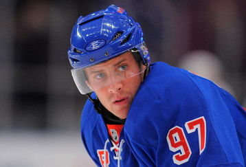 NEW YORK - OCTOBER 3: Matt Gilroy #97 of the New York Rangers during warms up prior to the game against the Ottawa Senators at Madison Square Garden on October 3, 2009 in New York City.  (Photo by Christopher Pasatieri/Getty Images)
