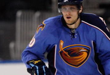 ATLANTA - SEPTEMBER 21:  Nik Antropov #80 of the Atlanta Thrashers skates against the Carolina Hurricanes during a preseason game at Philips Arena on September 21, 2009 in Atlanta, Georgia.  (Photo by Kevin C. Cox/Getty Images)