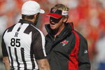 KANSAS CITY, MO - NOVEMBER 02:  Head Coach Jon Gruden of the Tampa Bay Buccaneers talks with referee Ed Hochuli #85 during the NFL game against the Kansas City Chiefs on November 2, 2008 at Arrowhead Stadium in Kansas City, Missouri.  The Buccaneers won 30 to 27 in overtime. (Photo by: Jamie Squire/Getty Images)