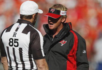 KANSAS CITY, MO - NOVEMBER 02:  Head Coach Jon Gruden of the Tampa Bay Buccaneers talks with referee Ed Hochuli #85 during the NFL game against the Kansas City Chiefs on November 2, 2008 at Arrowhead Stadium in Kansas City, Missouri.  The Buccaneers won 30 to 27 in overtime. (Photo by: Jamie Squire/Getty Images)