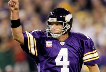 MINNEAPOLIS - OCTOBER 05:  Quarterback Brett Favre #4 of the Minnesota Vikings celebrates after a touchdown during the game against the Green Bay Packers on October 5, 2009 at Hubert H. Humphrey Metrodome in Minneapolis, Minnesota.  (Photo by Jamie Squire/Getty Images)