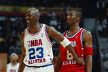 ATLANTA, GA - FEBRUARY 9:  Michael Jordan (Washington Wizards) #23 of the Eastern Conference All-Stars jokes with Kobe Bryant (Los Angeles Lakers) #8 of the Western Conference All-Stars during the 2003 NBA All-Star Game on February 9, 2003 at Philips Arena in Atlanta, Georgia.  NOTE TO USER:  User expressly acknowledges and agrees that, by downloading and or using this photograph, user is consenting to the terms and conditions of the Getty Images license agreement. (Photo by Jamie Squire/Getty Images)