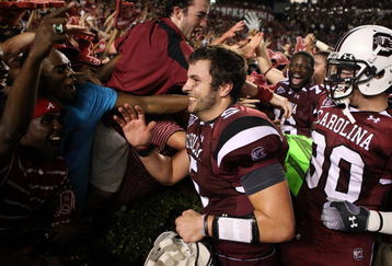 COLUMBIA, SC - SEPTEMBER 24:  Stephen Garcia #5 of the South Carolina Gamecocks celebrates with fans after a 16-10 vicotry over the Ole Miss Rebels after their game at Williams-Brice Stadium on September 24, 2009 in Columbia, South Carolina.  (Photo by Streeter Lecka/Getty Images)