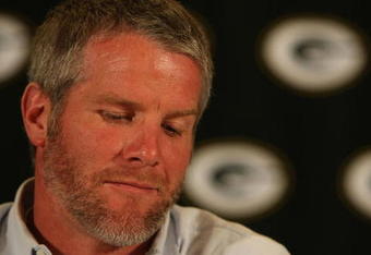 GREEN BAY, WI - MARCH 06: Quarterback Brett Favre of the Green Bay Packers announces his retirement at a press conference on March 6, 2008 at Lambeau Field in Green Bay, Wisconsin. (Photo by Jonathan Daniel/Getty Images)