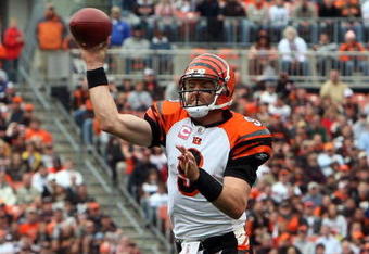 CLEVELAND - OCTOBER 04:  Carson Palmer #9 of the Cincinnati Bengals throws a pass against the Cleveland Browns during their game at Cleveland Browns Stadium on October 4, 2009 in Cleveland, Ohio. The Bengals defeated the Browns 23-20 in overtime.  (Photo by Jim McIsaac/Getty Images)