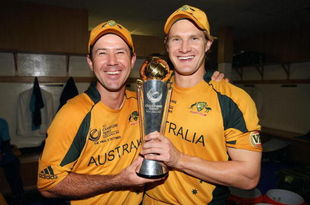 CENTURION, SOUTH AFRICA - OCTOBER 05:  Ricky Ponting (L) and Shane Watson of Australia celebrate in the changing rooms with the trophy after the ICC Champions Trophy Final between Australia and New Zealand played at Supersport Park on October 5, 2009 in Centurion, South Africa.  (Photo by Hamish Blair/Getty Images)