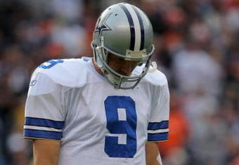 DENVER - OCTOBER 04:  Quarterback Tony Romo #9 of the Dallas Cowboys walks to the bench after failing to convert a third down against the Denver Broncos during NFL action at Invesco Field at Mile High on October 4, 2009 in Denver, Colorado. The Broncos defeated the Cowboys 17-10.  (Photo by Doug Pensinger/Getty Images)