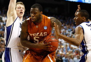GREENSBORO, NC - MARCH 21:  Damion James #5 of the Texas Longhorns drives between Kyle Singler #12 and Nolan Smith #2 of the Duke Blue Devils during the second round of the NCAA Division I Men's Basketball Tournament at the Greensboro Coliseum on March 21, 2009 in Greensboro, North Carolina.  (Photo by Streeter Lecka/Getty Images)