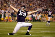 MINNEAPOLIS - OCTOBER 05:  Defensive end Jared Allen #69 of the Minnesota Vikings celebrates after a sack during the Monday Night Football game against the Green Bay Packers on October 5, 2009 at Hubert H. Humphrey Metrodome in Minneapolis, Minnesota.  (Photo by Jamie Squire/Getty Images)