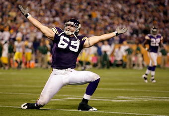 MINNEAPOLIS - OCTOBER 05:  Defensive end Jared Allen #69 of the Minnesota Vikings celebrates after a sack during the Monday Night Football game against the Green Bay Packers on October 5, 2009 at Hubert H. Humphrey Metrodome in Minneapolis, Minnesota.  (Photo by Jamie Squire/Getty Images)