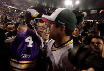 MINNEAPOLIS - OCTOBER 05:  Quarterback Brett Favre #4 of the Minnesota Vikings hugs Aaron Rodgers #12 of the Green Bay Packers following the Vikings victory over the Packers on October 5, 2009 at Hubert H. Humphrey Metrodome in Minneapolis, Minnesota.  (Photo by Jamie Squire/Getty Images)