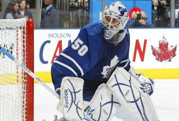 TORONTO, ON - SEPTEMBER 26:  Jonas Gustavsson #50 of the Toronto Maple Leafs watches the play behind his net in a pre-season game against the Detroit Red Wings on September 26, 2009 at the Air Canada Centre in Toronto, Ontario. The Leafs defeated the Red Wings 2-1. (Photo by Claus Andersen/Getty Images)