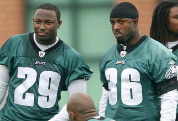 PHILADELPHIA - MAY 1: Running back Brian Westbrook #36 (R) stands on the sideline with second round draft pick running back LeSean McCoy #29 of the Philadelphia Eagles during minicamp at the NovaCare Complex on May 1, 2009 in Philadelphia, Pennsylvania. (Photo by Hunter Martin/Getty Images)