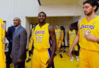 EL SEGUNDO, CA - SEPTEMBER 29:  Ron Artest #37and Pau Gasol #16 of the Los Angeles Lakers arrive Lakers media day at the team's training facility on September 29, 2009 in El Segundo, California.  NOTE TO USER: User expressly acknowledges and agrees that, by downloading and/or using this Photograph, user is consenting to the terms and conditions of the Getty Images License Agreement.  (Photo by Kevork Djansezian/Getty Images)