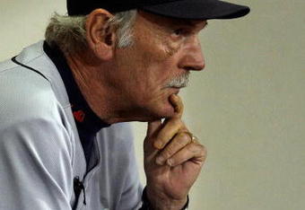 MINNEAPOLIS - OCTOBER 06:  Manager Jim Leyland #10 of the Detroit Tigers looks on from the dugout during the American League Tiebreaker game against  the Minnesota Twins on October 6, 2009 at Hubert H. Humphrey Metrodome in Minneapolis, Minnesota.  (Photo by Jamie Squire/Getty Images)