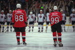 16 Feb 1998:  Eric Lindros (left) and Wayne Gretzky face the USA team  in the final round game of ice hockey at the Big Hat stadium in the 1998 Olympic Winter Games in Nagano, Japan. \ Mandatory Credit: Doug Pensinger /Allsport