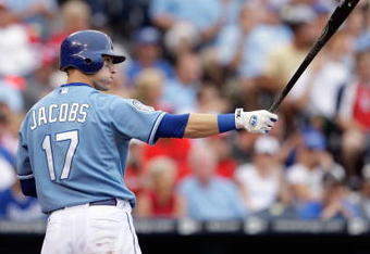 KANSAS CITY, MO - JUNE 20:  Mike Jacobs #17 of the Kansas City Royals bats against the St. Louis Cardinals during the game on June 20, 2009 at Kauffman Stadium in Kansas City, Missouri. (Photo by Jamie Squire/Getty Images)