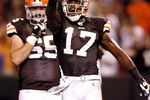 CLEVELAND - AUGUST 29:  Braylon Edwards #17 of the Cleveland Browns celebrates after scoring a touchdown with Eric Steinbach #65 against the Tennessee Titans at Cleveland Browns Stadium on August 29, 2009 in Cleveland, Ohio.  (Photo by Matt Sullivan/Getty Images)
