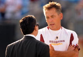 CHARLOTTE, NC - AUGUST 23:  Head coach Jim Zorn of the Washington Redskins speaks with owner Dan Snyder of the Washington Redskins before the NFL preseason game against the Carolina Panthers at Bank of America Stadium on August 23, 2008 in Charlotte, North Carolina. (Photo by Steve Dykes/Getty Images)