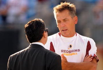 CHARLOTTE, NC - AUGUST 23:  Head coach Jim Zorn of the Washington Redskins speaks with owner Dan Snyder of the Washington Redskins before the NFL preseason game against the Carolina Panthers at Bank of America Stadium on August 23, 2008 in Charlotte, North Carolina. (Photo by Steve Dykes/Getty Images)