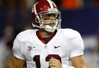 ATLANTA - SEPTEMBER 05:  Quarterback Greg McElroy #12 of the Alabama Crimson Tide against the Virginia Tech Hokies during the Chick-fil-A Kickoff Game at Georgia Dome on September 5, 2009 in Atlanta, Georgia.  (Photo by Kevin C. Cox/Getty Images)