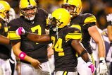 PITTSBURGH - OCTOBER 4:  Running back Rashard Mendenhall #34 of the Pittsburgh Steelers celebrates his two-yard touchdown run with teammates Ben Roethlisberger #7 and Justin Hartwig #62 against the San Diego Chargers in the second quarter at Heinz Field on October 4, 2009 in Pittsburgh, Pennsylvania. (Photo by Gregory Shamus/Getty Images)