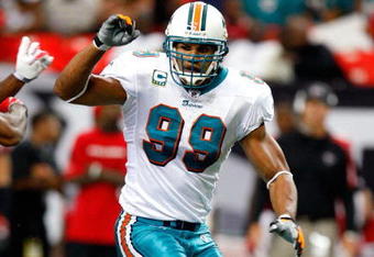 ATLANTA - SEPTEMBER 13:  Jason Taylor #99 of the Miami Dolphins against the Atlanta Falcons at Georgia Dome on September 13, 2009 in Atlanta, Georgia.  (Photo by Kevin C. Cox/Getty Images)